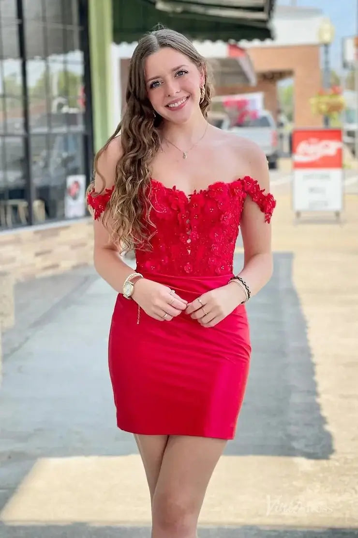 Emerald Green Strapless Homecoming Dress with 3D Floral Appliqué Bodice, Off-Shoulder Neck & Satin Mini Skirt – H1200-Homecoming Dresses 2025 -Viniodress-Red-Custom Size-