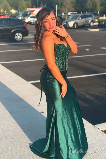 Emerald Green Strapless Prom Dress with Beaded Lace Corset, Satin Skirt, High Slit – SS089-prom dresses 2025 -Viniodress-Emerald-Custom Size-
