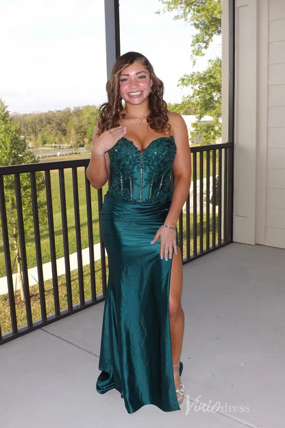 Emerald Green Strapless Prom Dress with Beaded Lace Corset, Satin Skirt, High Slit – SS089-prom dresses 2025 -Viniodress-Emerald-Custom Size-