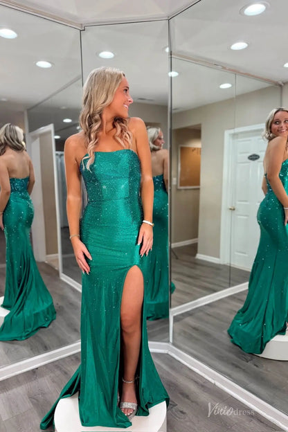 Emerald Green Strapless Sparkly Mermaid Prom Dress with High Slit & Sweep Train – SS149-prom dresses 2026-Viniodress-Emerald-Custom Size-