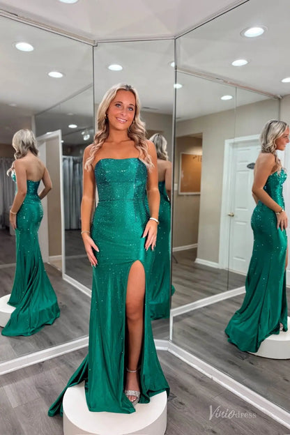 Emerald Green Strapless Sparkly Mermaid Prom Dress with High Slit & Sweep Train – SS149