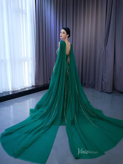 Emerald Green Tulle Wedding Dress Long Cape Pageant Dresses 222132-wedding dresses 2025 -Viniodress-Emerald Green-Custom Size-