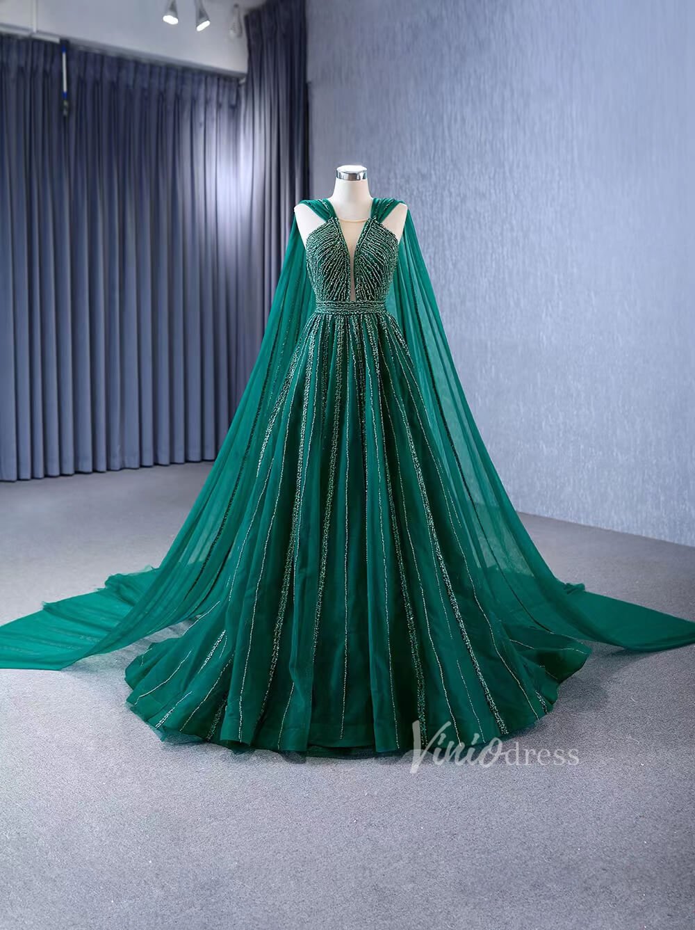 Emerald Green Tulle Wedding Dress Long Cape Pageant Dresses 222132-wedding dresses 2025 -Viniodress-Emerald Green-Custom Size-