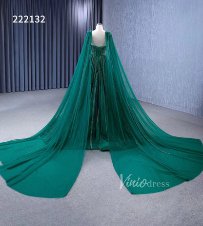 Emerald Green Tulle Wedding Dress Long Cape Pageant Dresses 222132-wedding dresses 2025 -Viniodress-Emerald Green-Custom Size-