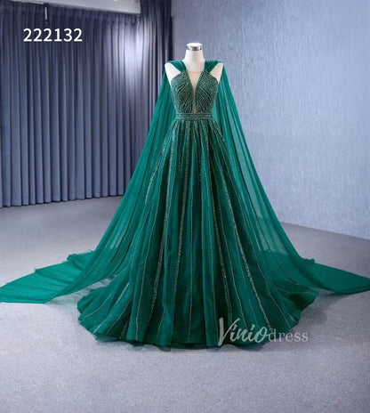 Emerald Green Tulle Wedding Dress Long Cape Pageant Dresses 222132-wedding dresses 2025 -Viniodress-Emerald Green-Custom Size-
