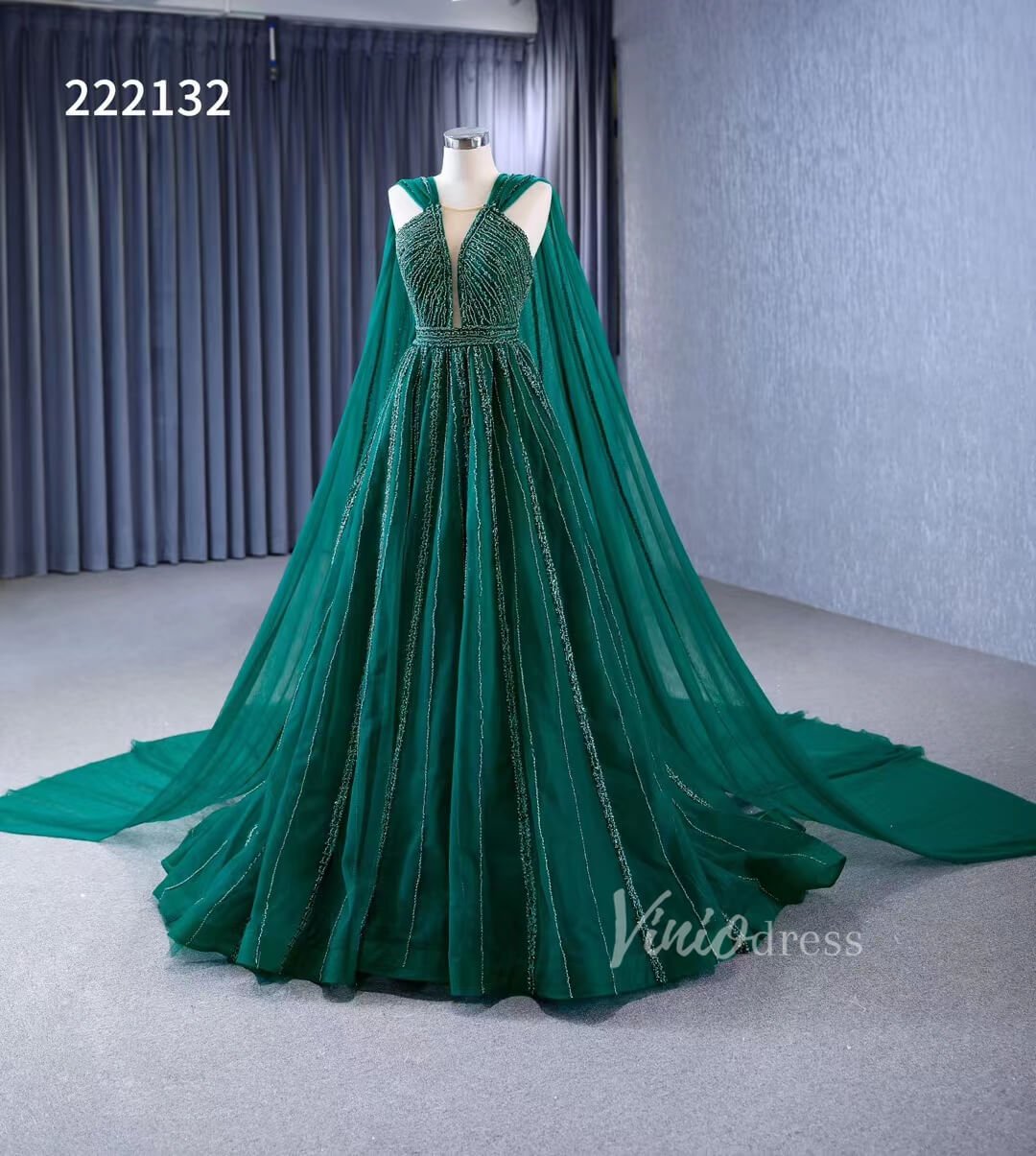 Emerald Green Tulle Wedding Dress Long Cape Pageant Dresses 222132-wedding dresses 2025 -Viniodress-Emerald Green-Custom Size-