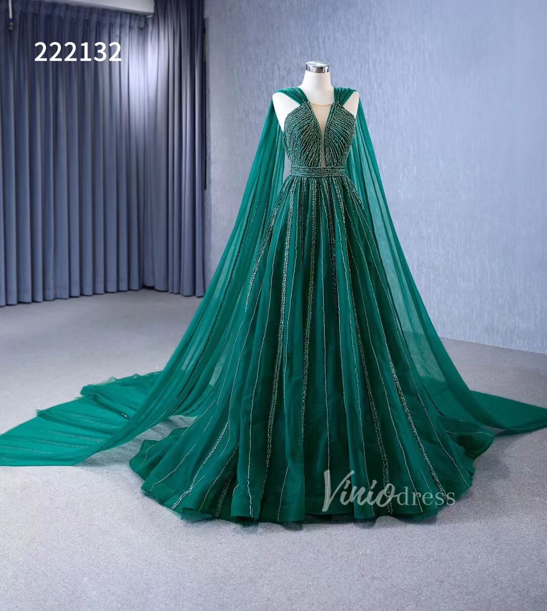 Emerald Green Tulle Wedding Dress Long Cape Pageant Dresses 222132-wedding dresses 2025 -Viniodress-Emerald Green-Custom Size-