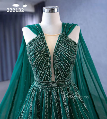 Emerald Green Tulle Wedding Dress Long Cape Pageant Dresses 222132-wedding dresses 2025 -Viniodress-Emerald Green-Custom Size-