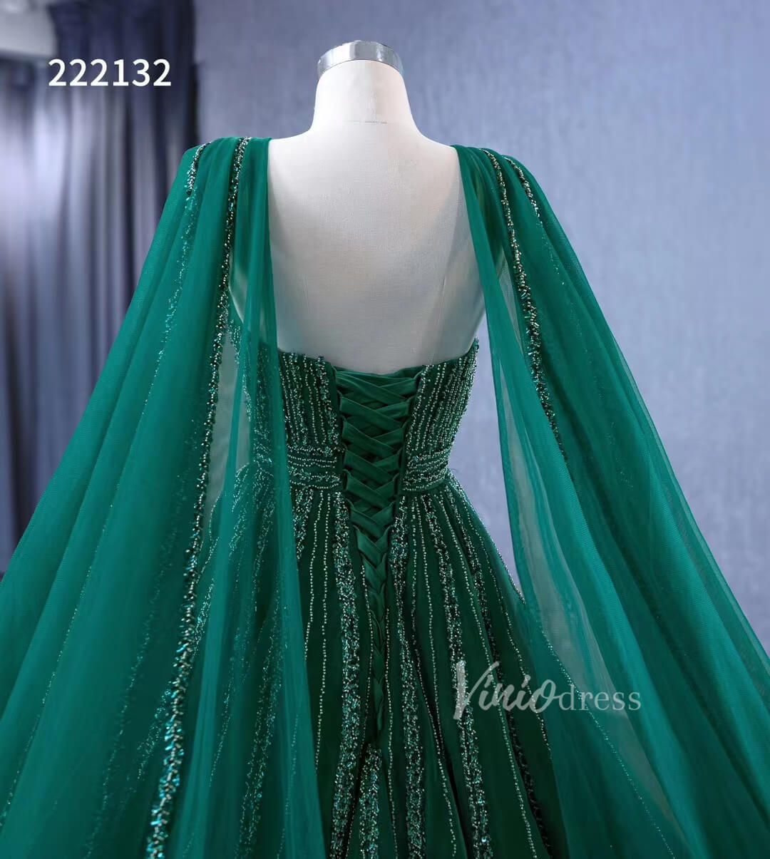 Emerald Green Tulle Wedding Dress Long Cape Pageant Dresses 222132-wedding dresses 2025 -Viniodress-Emerald Green-Custom Size-