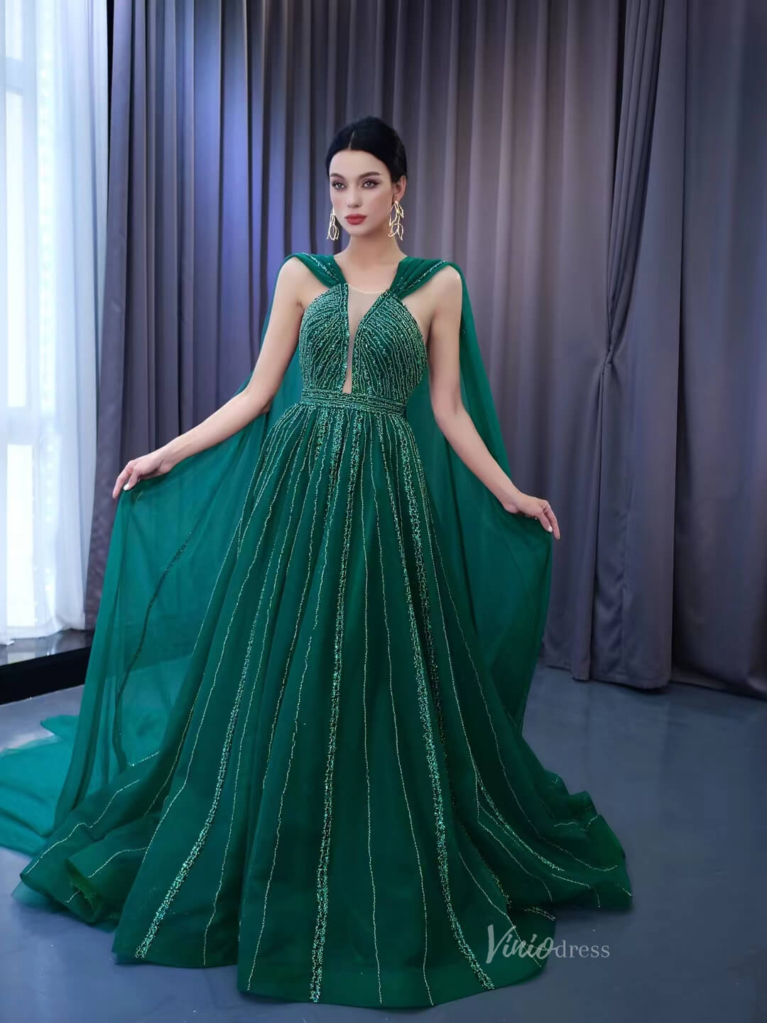 Emerald Green Tulle Wedding Dress Long Cape Pageant Dresses 222132-wedding dresses 2025 -Viniodress-Emerald Green-Custom Size-