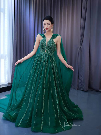 Emerald Green Tulle Wedding Dress Long Cape Pageant Dresses 222132-wedding dresses 2025 -Viniodress-Emerald Green-Custom Size-