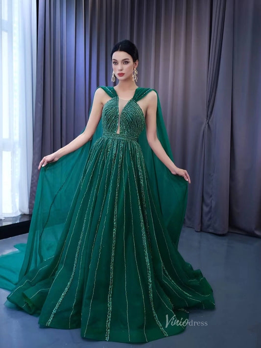 Emerald Green Tulle Wedding Dress Long Cape Pageant Dresses 222132-wedding dresses 2025 -Viniodress-Emerald Green-Custom Size-