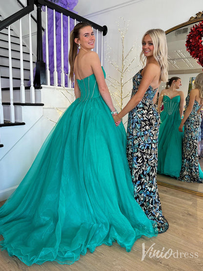 Emerald Strapless Corset Prom Ball Gown with Beaded Bodice & Slit – FD6115-prom dresses 2025 -Viniodress-Green-Custom Size-