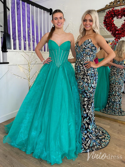 Emerald Strapless Corset Prom Ball Gown with Beaded Bodice & Slit – FD6115-prom dresses 2025 -Viniodress-Green-Custom Size-