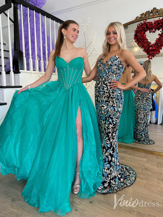 Emerald Strapless Corset Prom Ball Gown with Beaded Bodice & Slit – FD6115-prom dresses 2025 -Viniodress-Green-Custom Size-