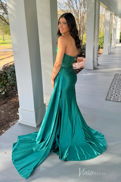 Emerald Strapless Prom Dress with Beaded Sequin Bodice, High Slit Skirt, and Draped Satin Train– SS029-prom dresses 2025 -Viniodress-Emerald-Custom Size-