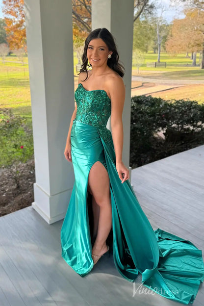 Emerald Strapless Prom Dress with Beaded Sequin Bodice, High Slit Skirt, and Draped Satin Train– SS029-prom dresses 2025 -Viniodress-Emerald-Custom Size-