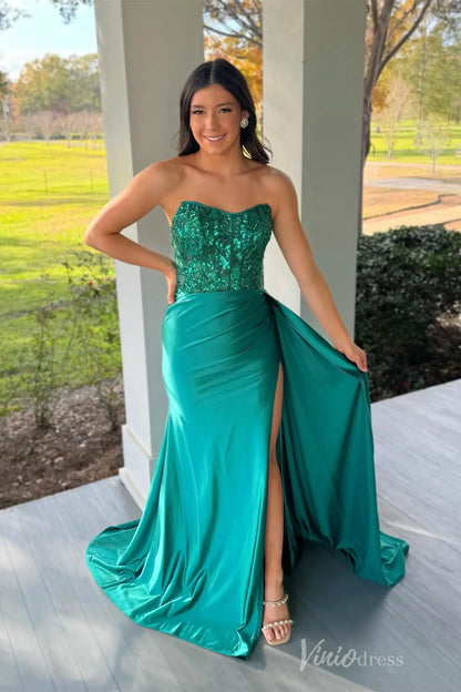 Emerald Strapless Prom Dress with Beaded Sequin Bodice, High Slit Skirt, and Draped Satin Train– SS029-prom dresses 2025 -Viniodress-Emerald-Custom Size-