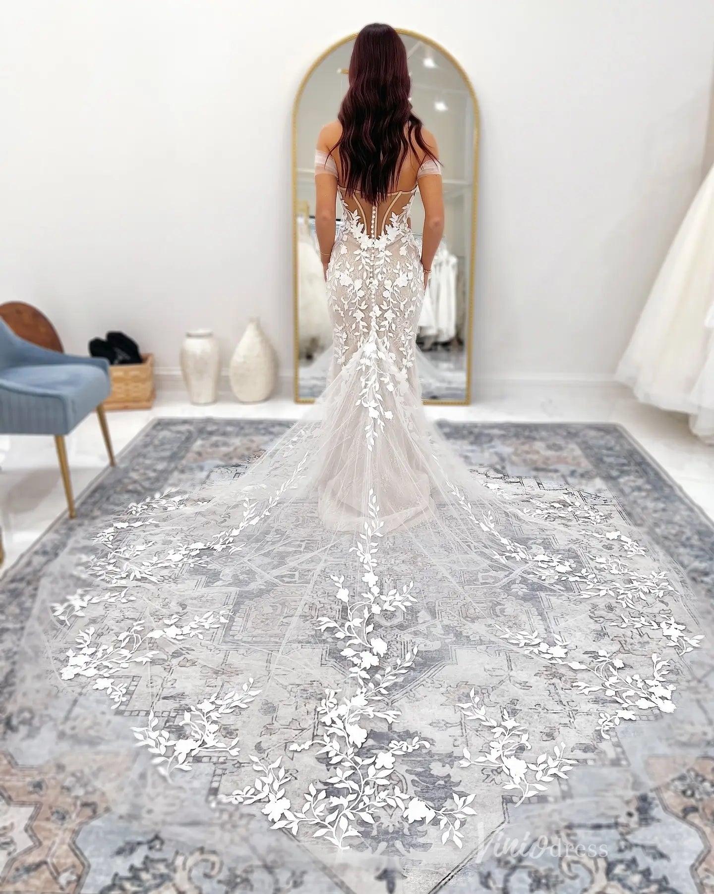 Enchanting 3D Floral Lace Mermaid Wedding Dress with Sweetheart Neck, Sheer Corset & Dramatic Train – ML177-wedding dresses 2026-Viniodress-Ivory-Custom Size-