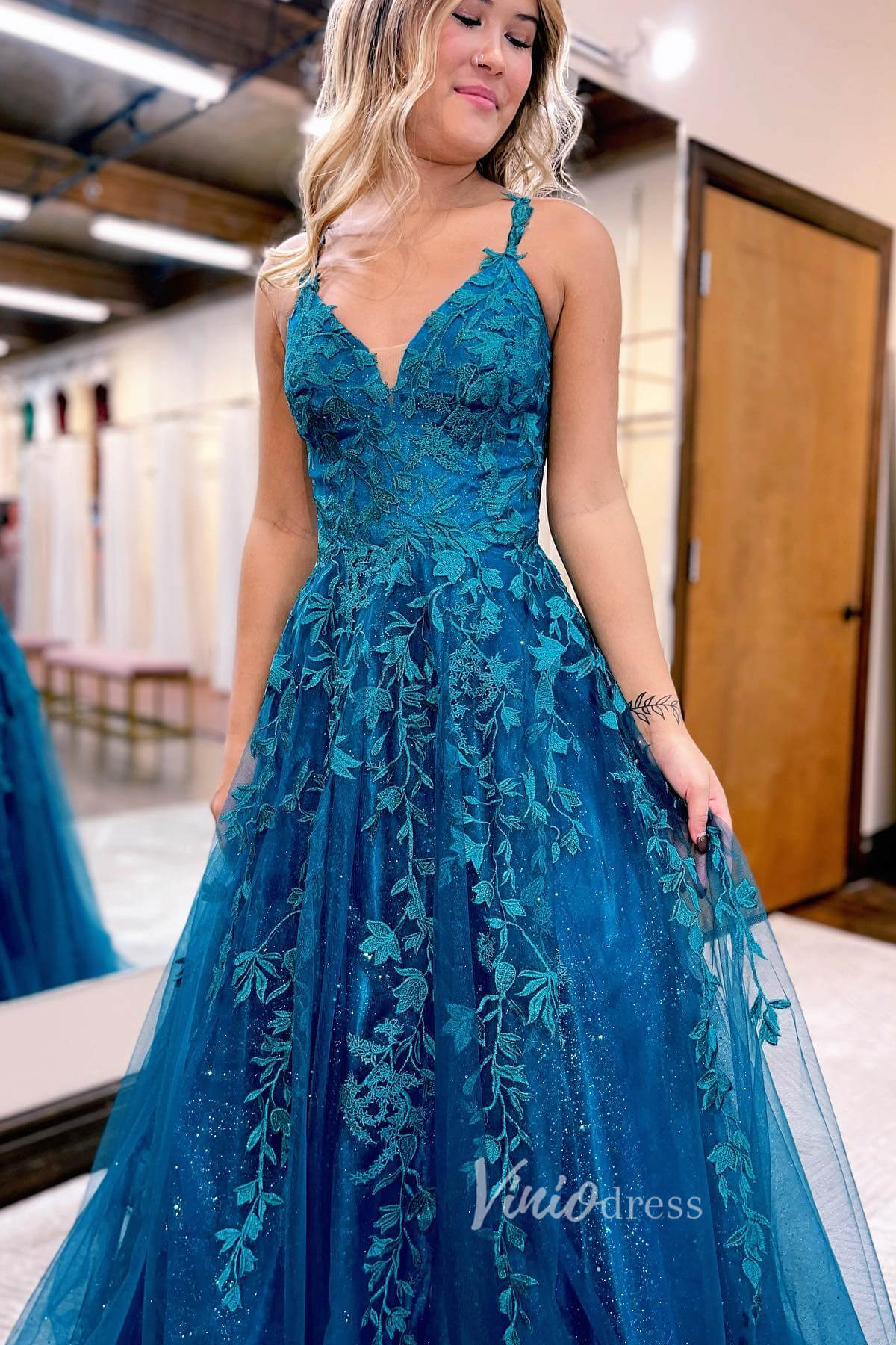 Enchanting Blue Sparkly Tulle Prom Dress with Lace Applique and Spaghetti Strap FD3464-prom dresses 2025 -Viniodress-Blue-Custom Size-
