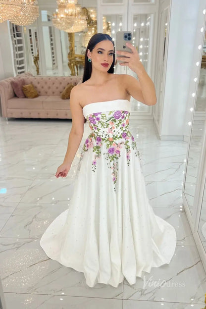 Enchanting Floral Embroidered A-Line Wedding Dress with Pearl-Beaded Skirt & Removable Puff Sleeves – FW250-wedding dresses 2025 -Viniodress-Ivory-Custom Size-