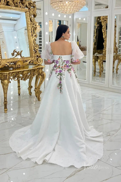 Enchanting Floral Embroidered A-Line Wedding Dress with Pearl-Beaded Skirt & Removable Puff Sleeves – FW250-wedding dresses 2025 -Viniodress-Ivory-Custom Size-