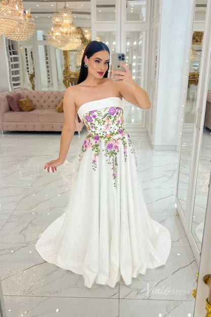 Enchanting Floral Embroidered A-Line Wedding Dress with Pearl-Beaded Skirt & Removable Puff Sleeves – FW250-wedding dresses 2025 -Viniodress-Ivory-Custom Size-