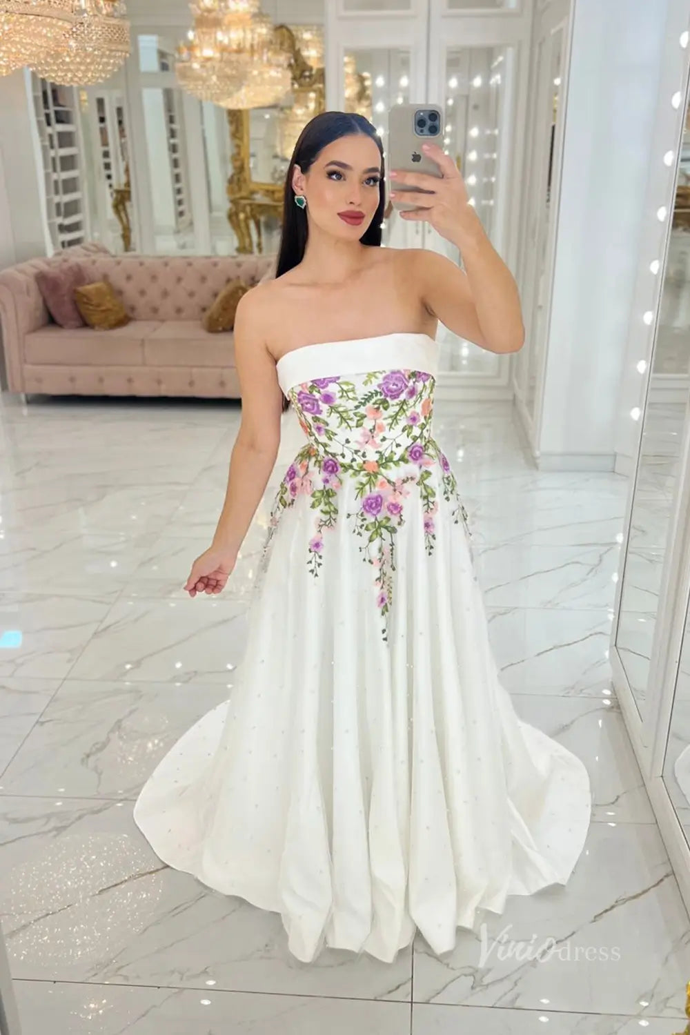Enchanting Floral Embroidered A-Line Wedding Dress with Pearl-Beaded Skirt & Removable Puff Sleeves – FW250-wedding dresses 2025 -Viniodress-Ivory-Custom Size-