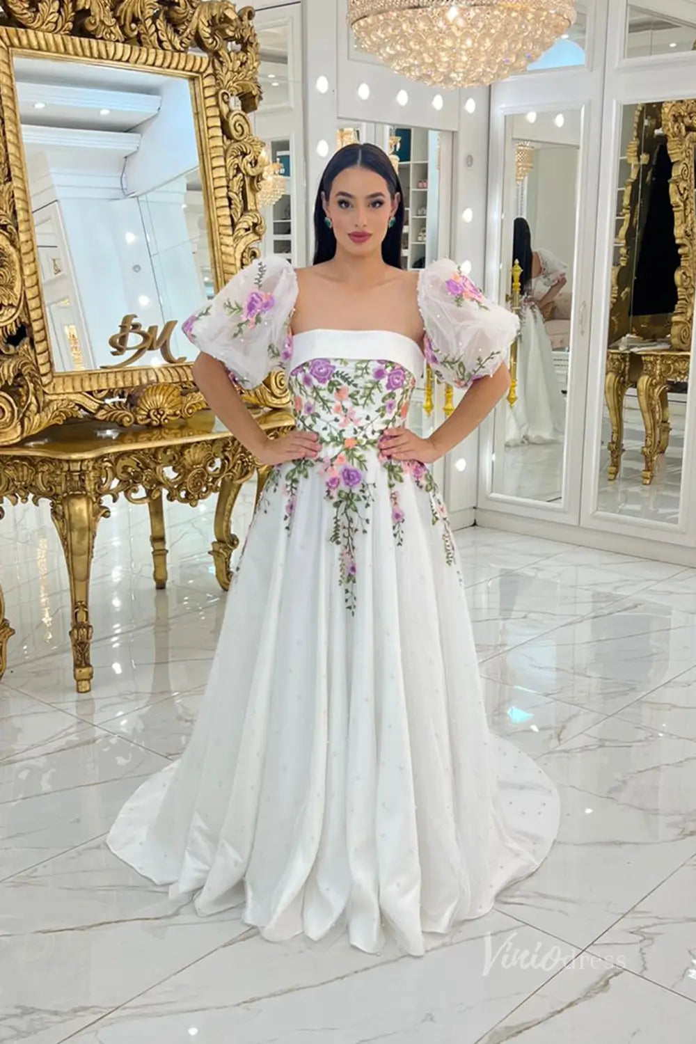 Enchanting Floral Embroidered A-Line Wedding Dress with Pearl-Beaded Skirt & Removable Puff Sleeves – FW250-wedding dresses 2025 -Viniodress-Ivory-Custom Size-