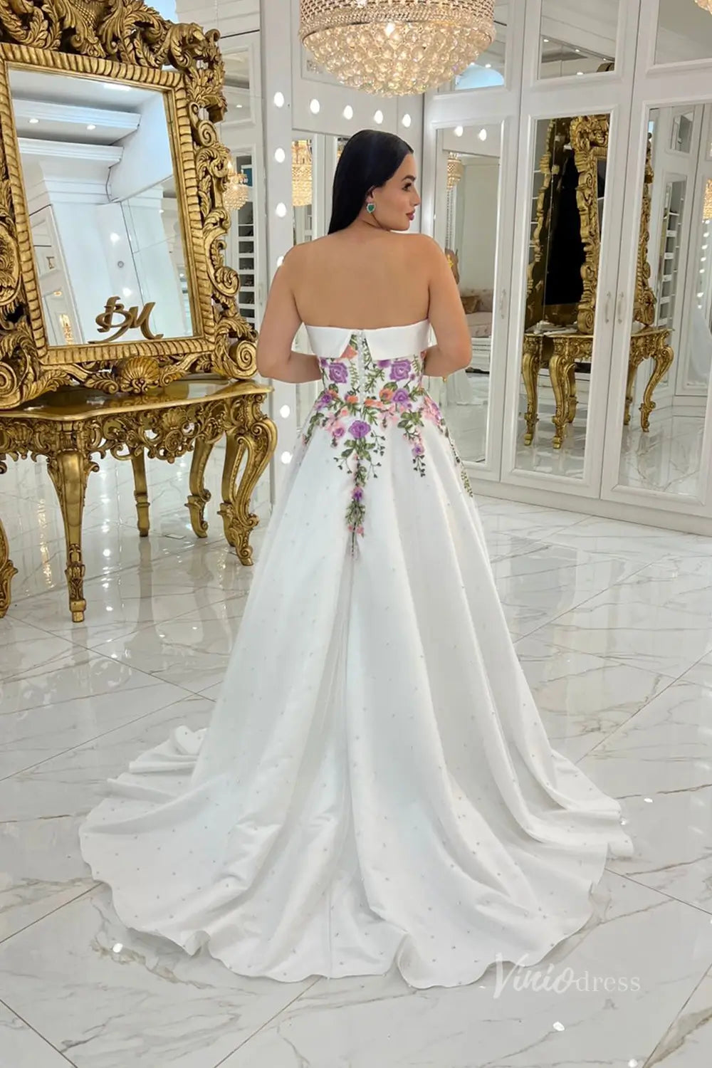 Enchanting Floral Embroidered A-Line Wedding Dress with Pearl-Beaded Skirt & Removable Puff Sleeves – FW250-wedding dresses 2025 -Viniodress-Ivory-Custom Size-