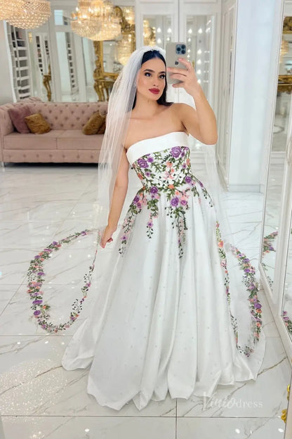 Enchanting Floral Embroidered A-Line Wedding Dress with Pearl-Beaded Skirt & Removable Puff Sleeves – FW250-wedding dresses 2025 -Viniodress-Ivory-Custom Size-