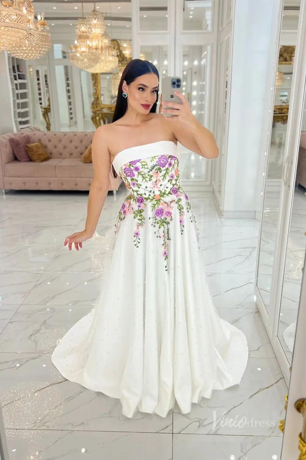 Enchanting Floral Embroidered A-Line Wedding Dress with Pearl-Beaded Skirt & Removable Puff Sleeves – FW250-wedding dresses 2025 -Viniodress-Ivory-Custom Size-