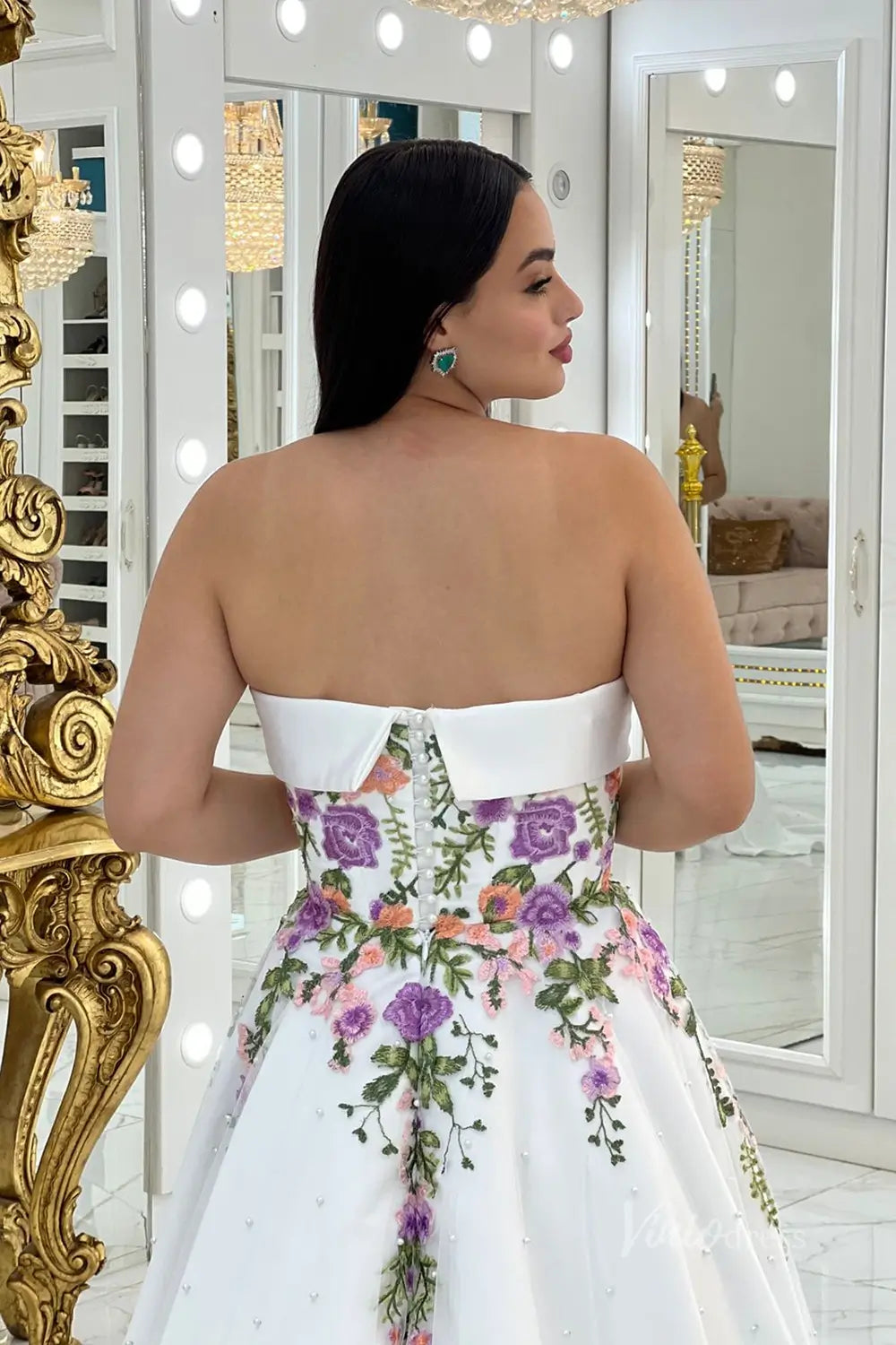 Enchanting Floral Embroidered A-Line Wedding Dress with Pearl-Beaded Skirt & Removable Puff Sleeves – FW250-wedding dresses 2025 -Viniodress-Ivory-Custom Size-