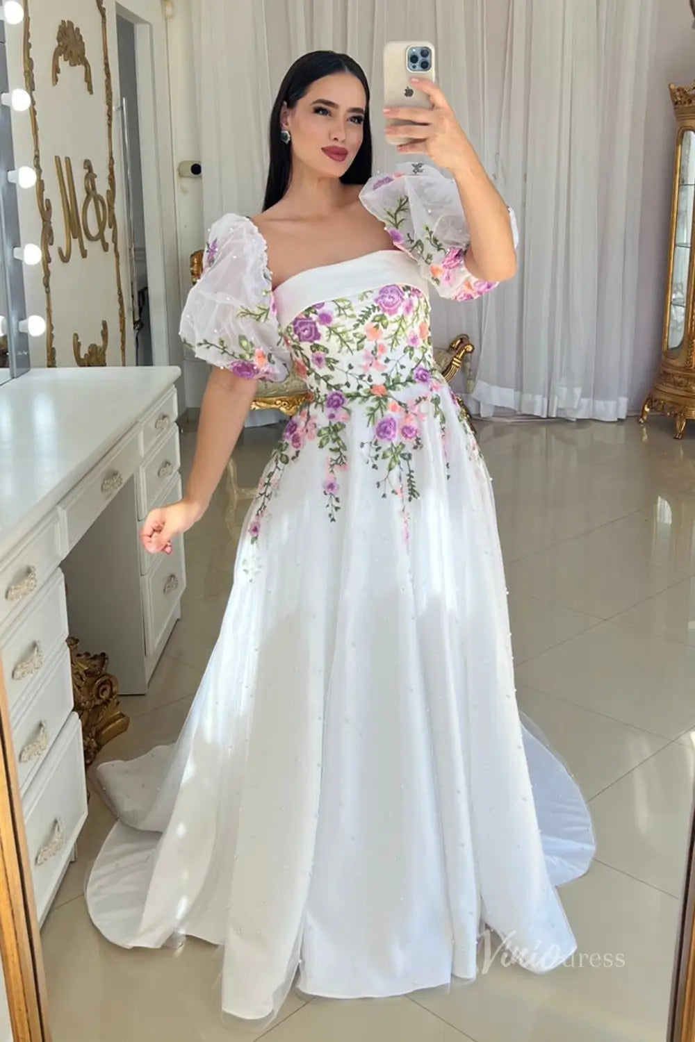 Enchanting Floral Embroidered A-Line Wedding Dress with Pearl-Beaded Skirt & Removable Puff Sleeves – FW250-wedding dresses 2025 -Viniodress-Ivory-Custom Size-