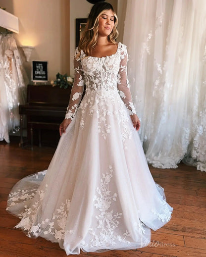 Enchanting Floral Lace A-Line Wedding Dress with Sheer Corset Bodice, Removable Long Sleeves & Chapel Train – LA145-wedding dresses 2025 -Viniodress-Ivory-Custom Size-