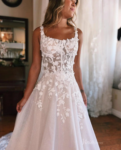 Enchanting Floral Lace A-Line Wedding Dress with Sheer Corset Bodice, Removable Long Sleeves & Chapel Train – LA145-wedding dresses 2025 -Viniodress-Ivory-Custom Size-