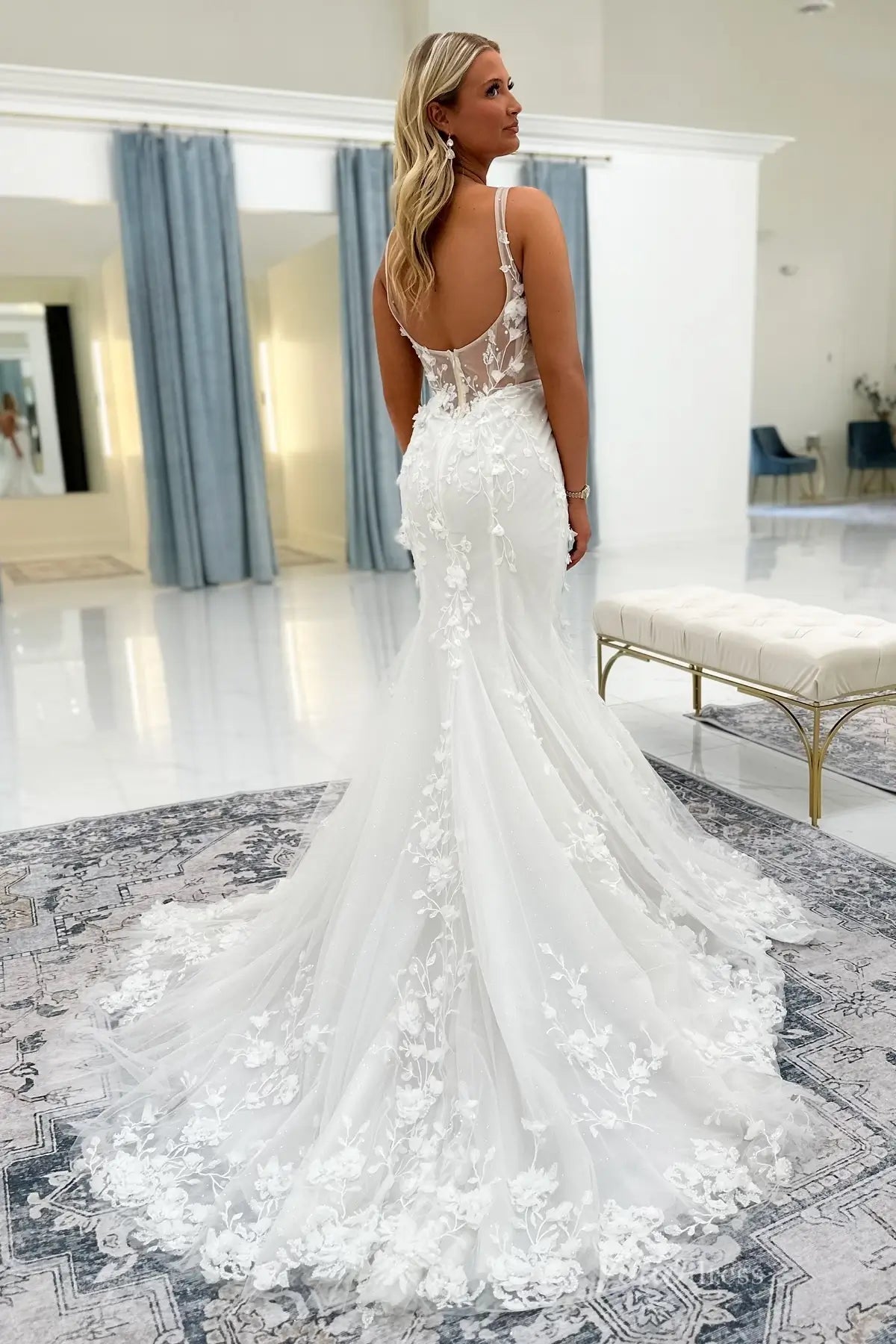 Ethereal 3D Floral Lace Mermaid Wedding Dress with Deep V Neckline & Sheer Back – ML176-wedding dresses 2026-Viniodress-Ivory-Custom Size-