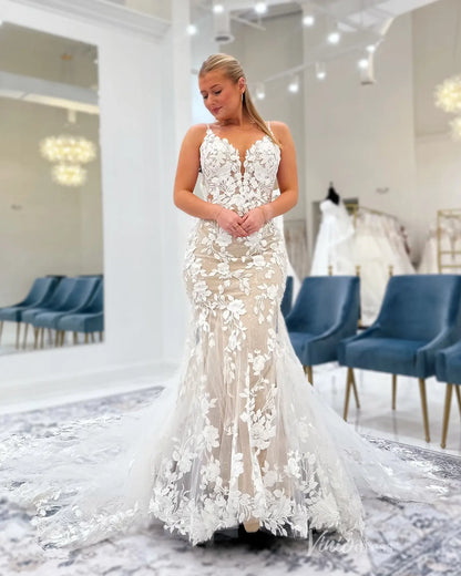 Ethereal 3D Floral Lace Mermaid Wedding Dress with Deep V Neckline, Spaghetti Strap & Sheer Corset Bodice – ML178