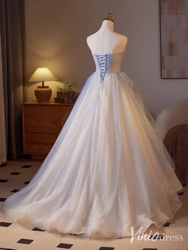 Ethereal Blue Cinderella Ball Gown – Strapless Sequin Tulle Prom Dress with Overskirt & 3D Appliqués BJ072-prom dresses 2025 -Viniodress-As Picture-Custom Size-