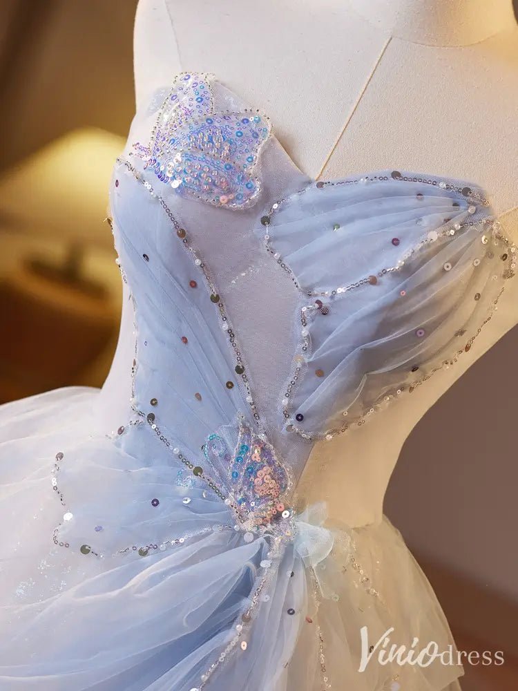 Ethereal Blue Cinderella Ball Gown – Strapless Sequin Tulle Prom Dress with Overskirt & 3D Appliqués BJ072-prom dresses 2025 -Viniodress-As Picture-Custom Size-