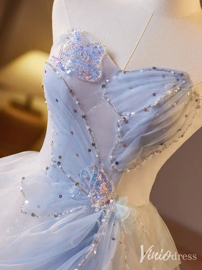 Ethereal Blue Cinderella Ball Gown – Strapless Sequin Tulle Prom Dress with Overskirt & 3D Appliqués BJ072-prom dresses 2025 -Viniodress-As Picture-Custom Size-