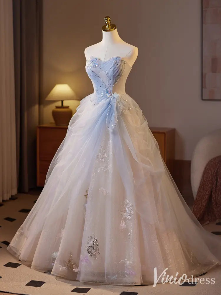 prom dresses 2025 Ethereal Blue Cinderella Ball Gown – Strapless Sequin Tulle Prom Dress with Overskirt & 3D Appliqués BJ072-plus size wedding dresses Viniodress-Blue-Custom Size-