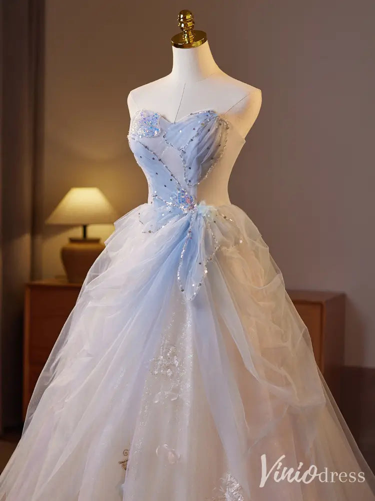 prom dresses 2025 Ethereal Blue Cinderella Ball Gown – Strapless Sequin Tulle Prom Dress with Overskirt & 3D Appliqués BJ072-plus size wedding dresses Viniodress-Blue-Custom Size-