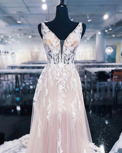 Ethereal Blush Floral Appliqué A-Line Wedding Dress with Deep V-Neck & Sheer Chapel Train – LA143-wedding dresses 2025 -Viniodress-Blush-Custom Size-