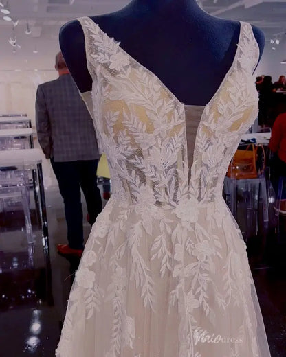 Ethereal Blush Floral Appliqué A-Line Wedding Dress with Deep V-Neck & Sheer Chapel Train – LA143-wedding dresses 2025 -Viniodress-Blush-Custom Size-