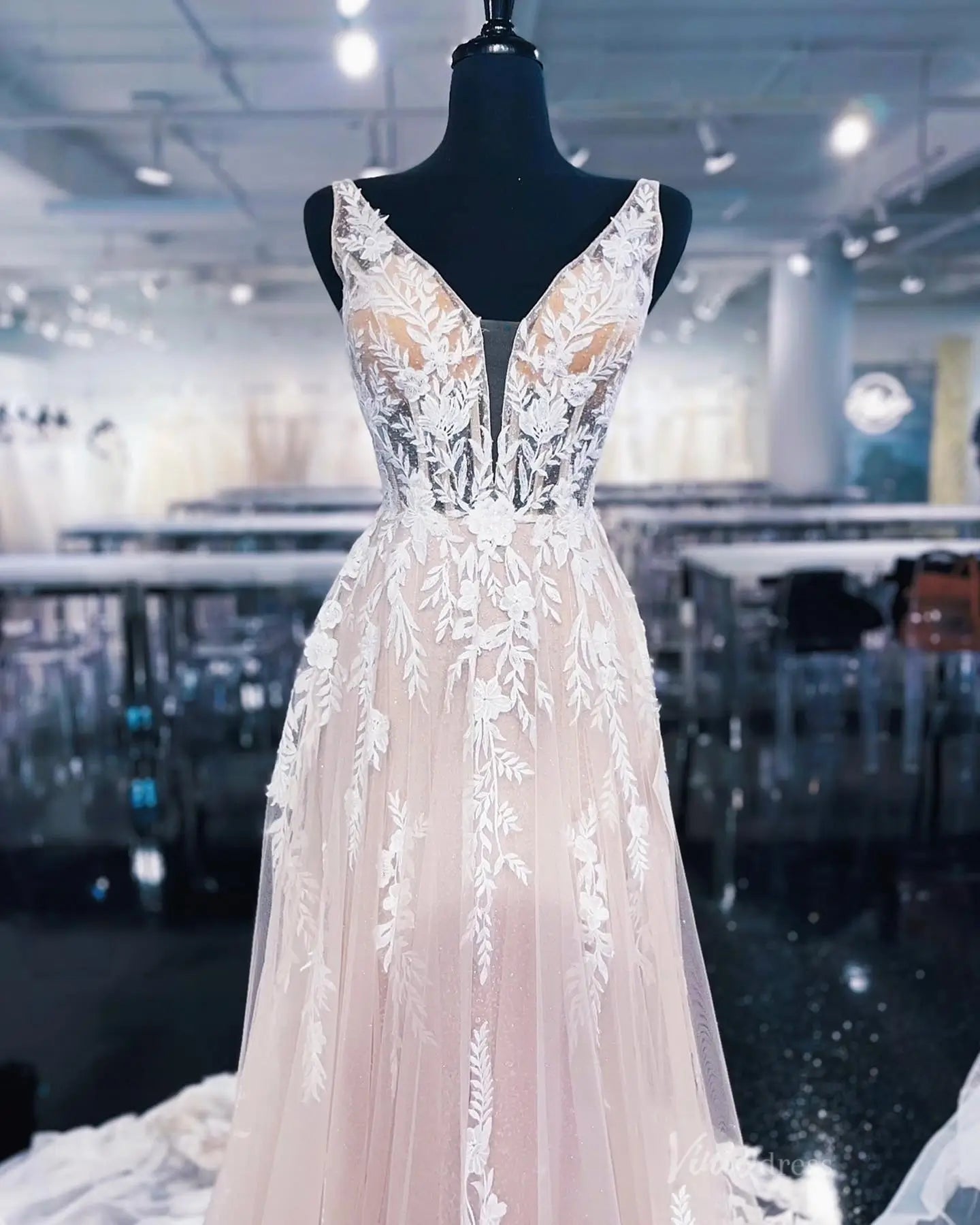 Ethereal Blush Floral Appliqué A-Line Wedding Dress with Deep V-Neck & Sheer Chapel Train – LA143-wedding dresses 2025 -Viniodress-Blush-Custom Size-
