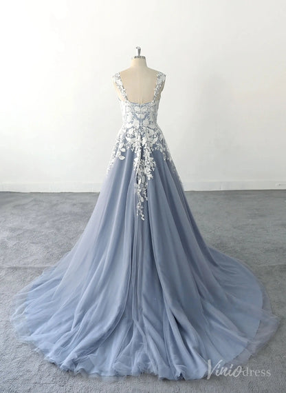 Ethereal Dusty Blue Floral Lace Wedding Dress with Wide Straps, Sweetheart Neckline & Chapel Train – FW233-wedding dresses 2025 -Viniodress-Dusty Blue-Custom Size-