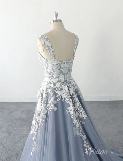 Ethereal Dusty Blue Floral Lace Wedding Dress with Wide Straps, Sweetheart Neckline & Chapel Train – FW233-wedding dresses 2025 -Viniodress-Dusty Blue-Custom Size-