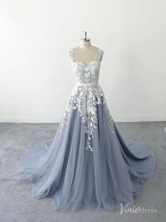 Ethereal Dusty Blue Floral Lace Wedding Dress with Wide Straps, Sweetheart Neckline & Chapel Train – FW233-wedding dresses 2025 -Viniodress-Dusty Blue-Custom Size-