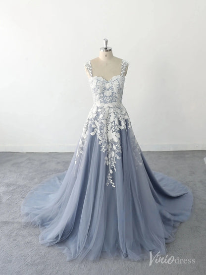 Ethereal Dusty Blue Floral Lace Wedding Dress with Wide Straps, Sweetheart Neckline & Chapel Train – FW233-wedding dresses 2025 -Viniodress-Dusty Blue-Custom Size-